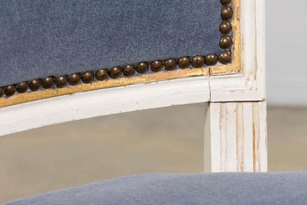 ON HOLD Antique French Louis XVI Style Painted Accent Chairs in Blue Mohair - A Pair