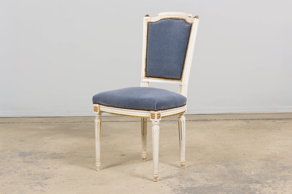 ON HOLD Antique French Louis XVI Style Painted Accent Chairs in Blue Mohair - A Pair