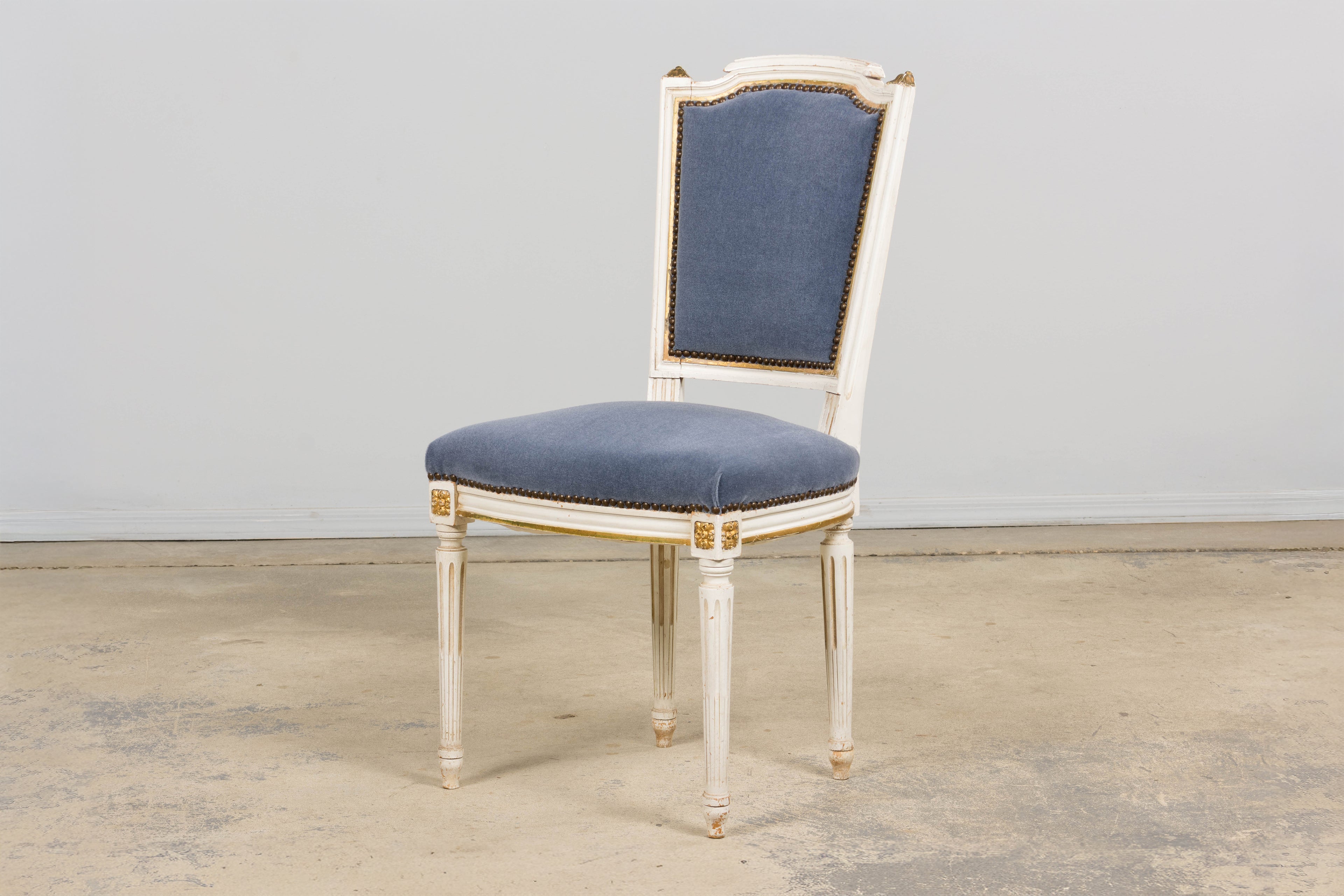 ON HOLD Antique French Louis XVI Style Painted Accent Chairs in Blue Mohair - A Pair