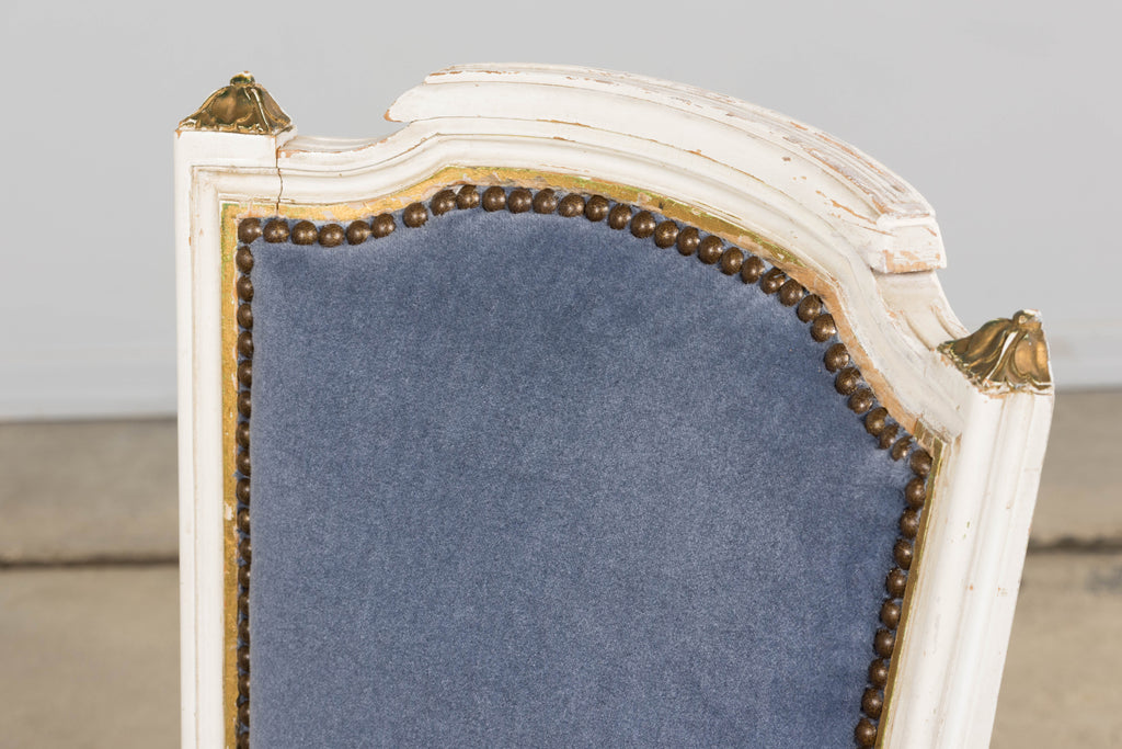 ON HOLD Antique French Louis XVI Style Painted Accent Chairs in Blue Mohair - A Pair