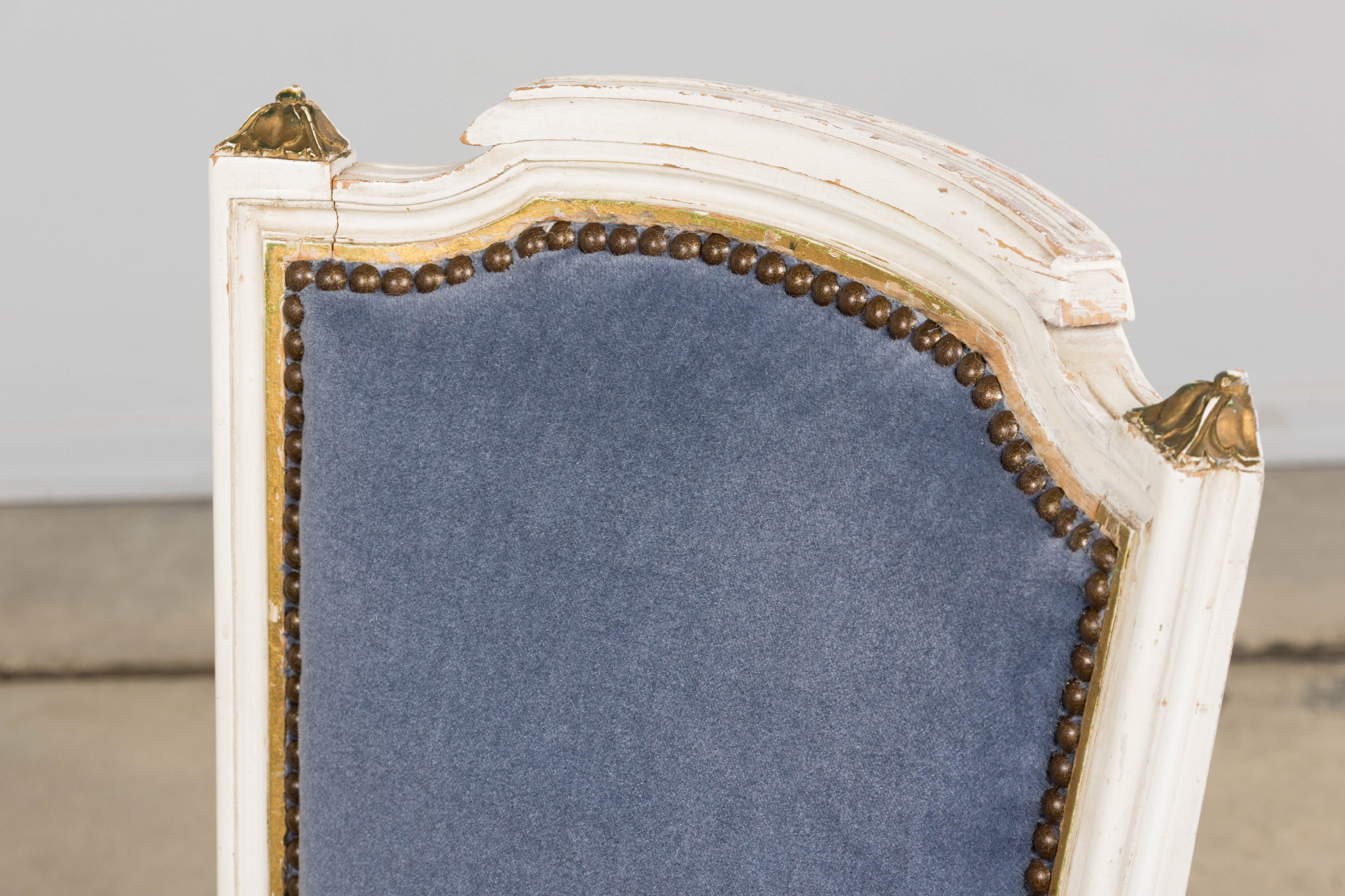 ON HOLD Antique French Louis XVI Style Painted Accent Chairs in Blue Mohair - A Pair