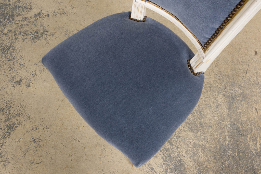 ON HOLD Antique French Louis XVI Style Painted Accent Chairs in Blue Mohair - A Pair