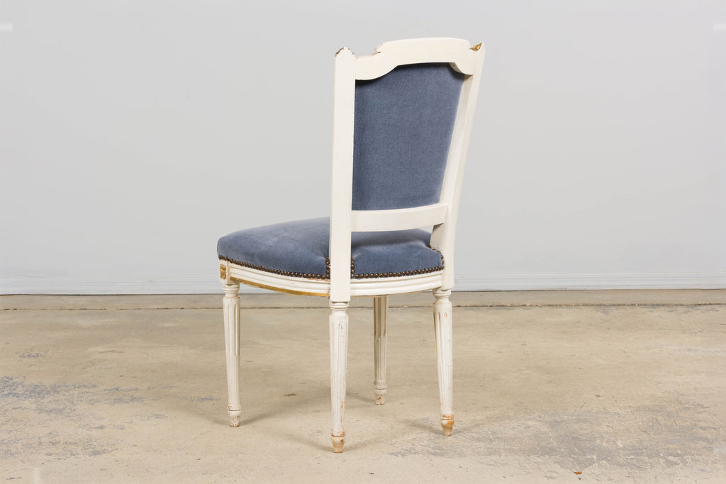 ON HOLD Antique French Louis XVI Style Painted Accent Chairs in Blue Mohair - A Pair