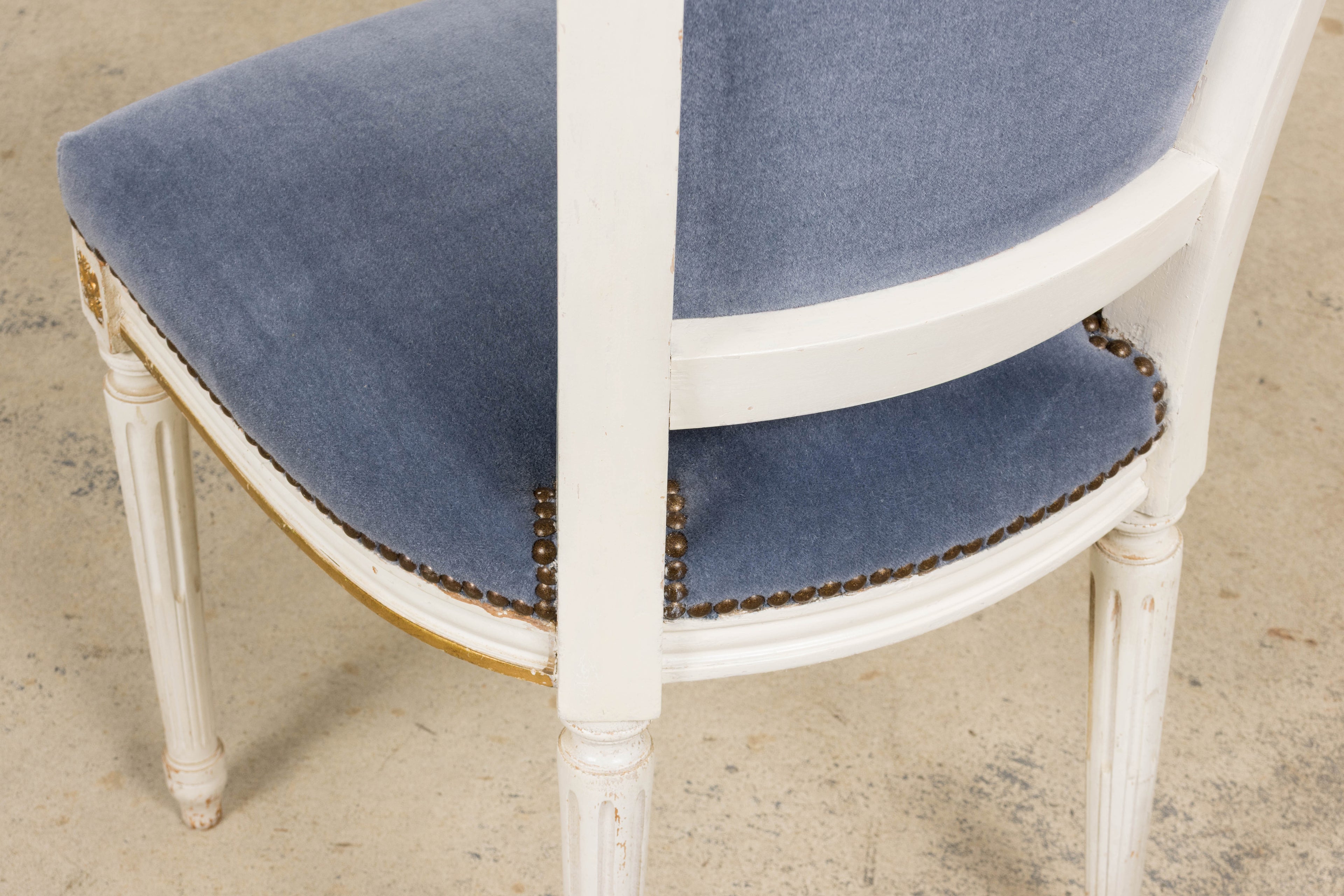 ON HOLD Antique French Louis XVI Style Painted Accent Chairs in Blue Mohair - A Pair