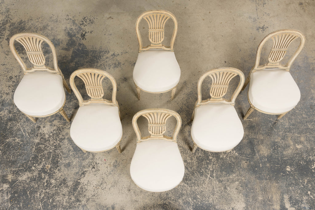 Antique French Louis XVI Style Lyre Back Painted Dining Chairs - Set of 6