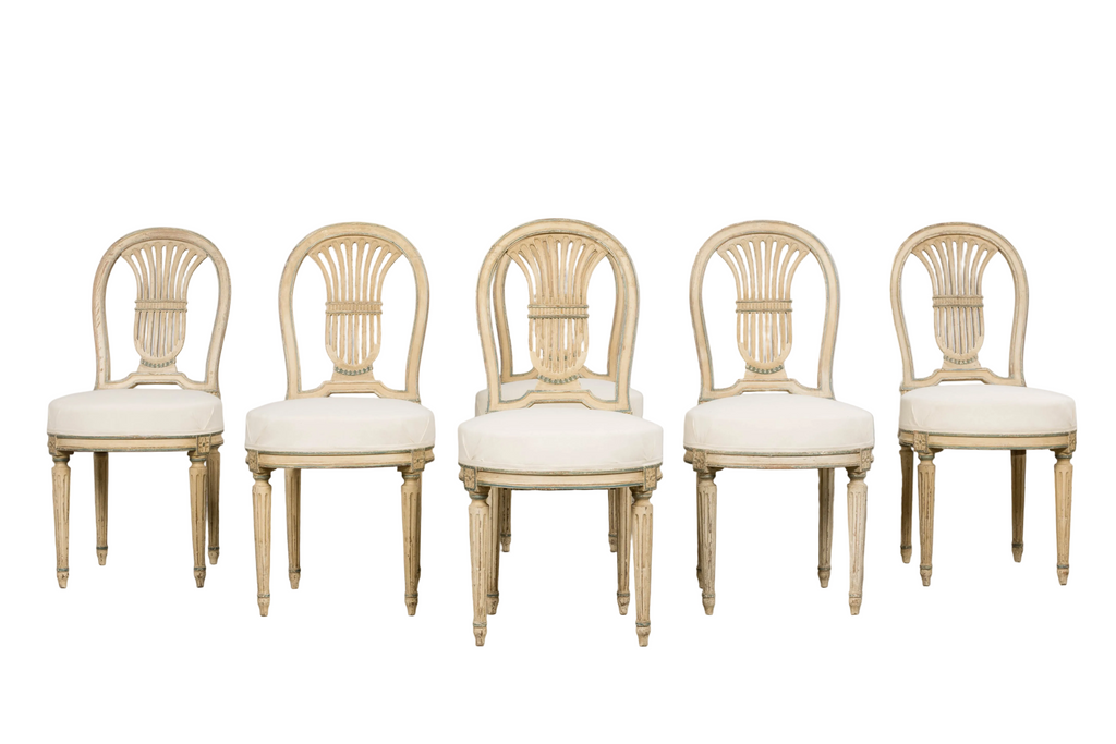 Antique French Louis XVI Style Lyre Back Painted Dining Chairs - Set of 6