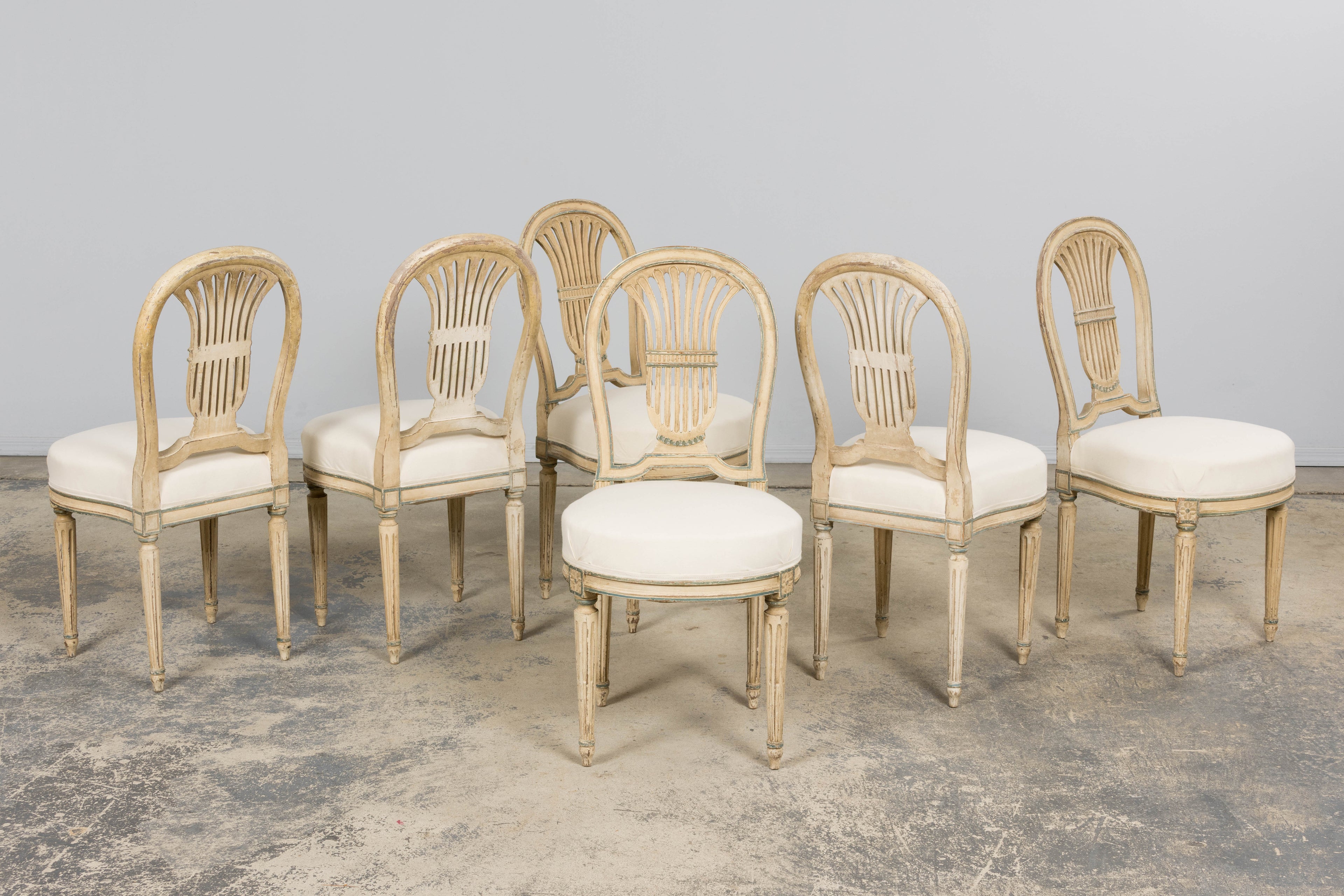 Antique French Louis XVI Style Lyre Back Painted Dining Chairs - Set of 6