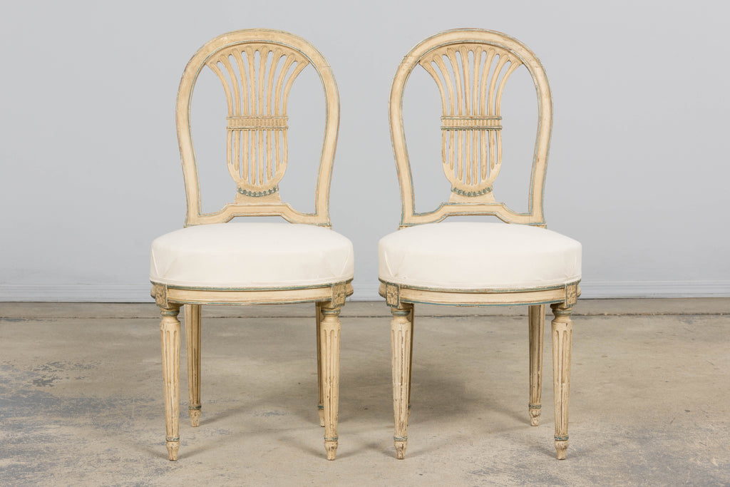 Antique French Louis XVI Style Lyre Back Painted Dining Chairs - Set of 6