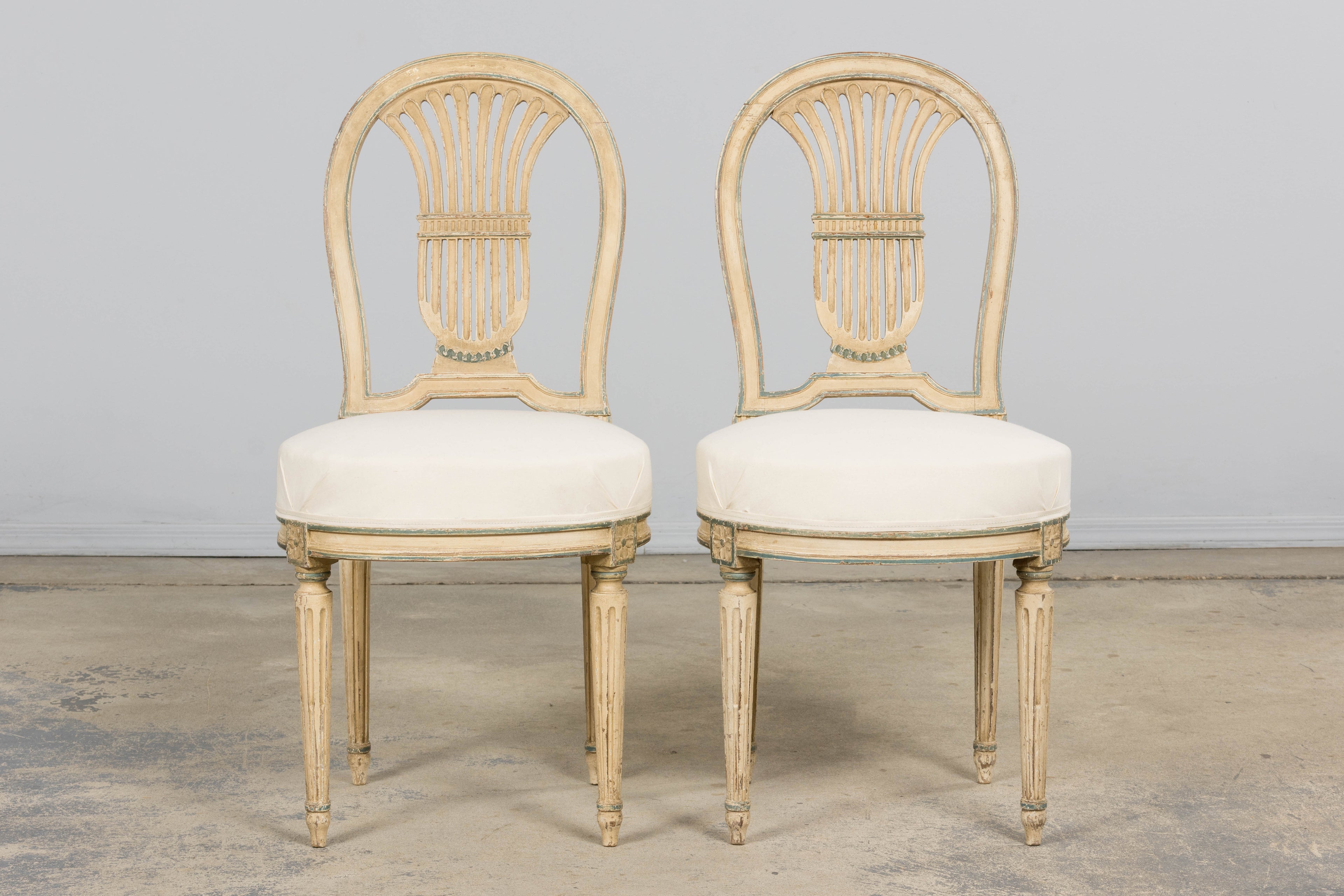 Antique French Louis XVI Style Lyre Back Painted Dining Chairs - Set of 6