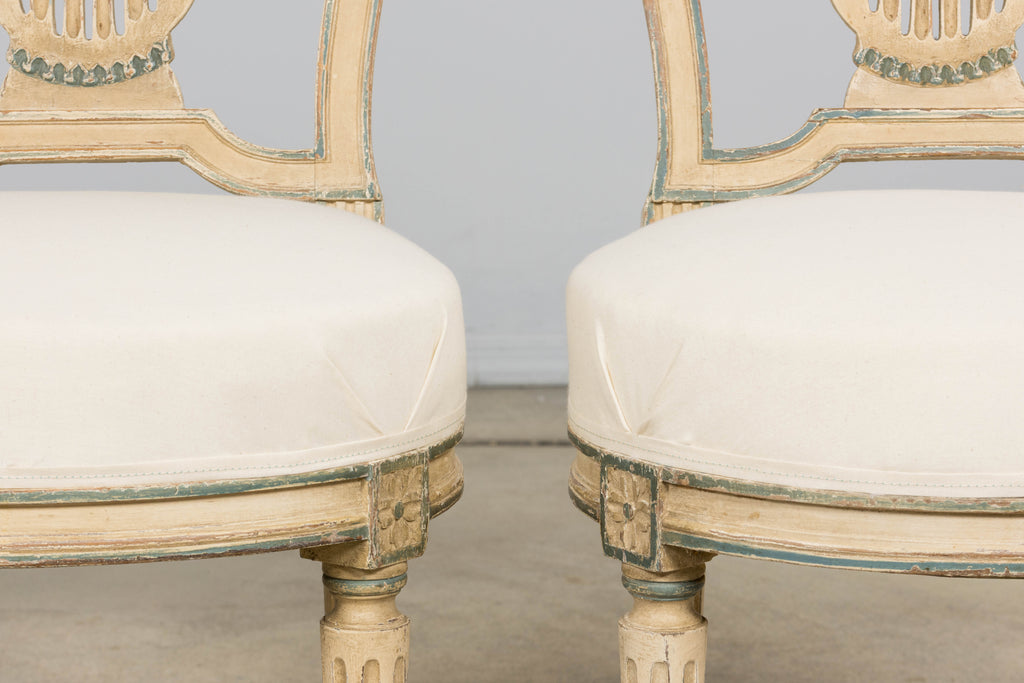 Antique French Louis XVI Style Lyre Back Painted Dining Chairs - Set of 6