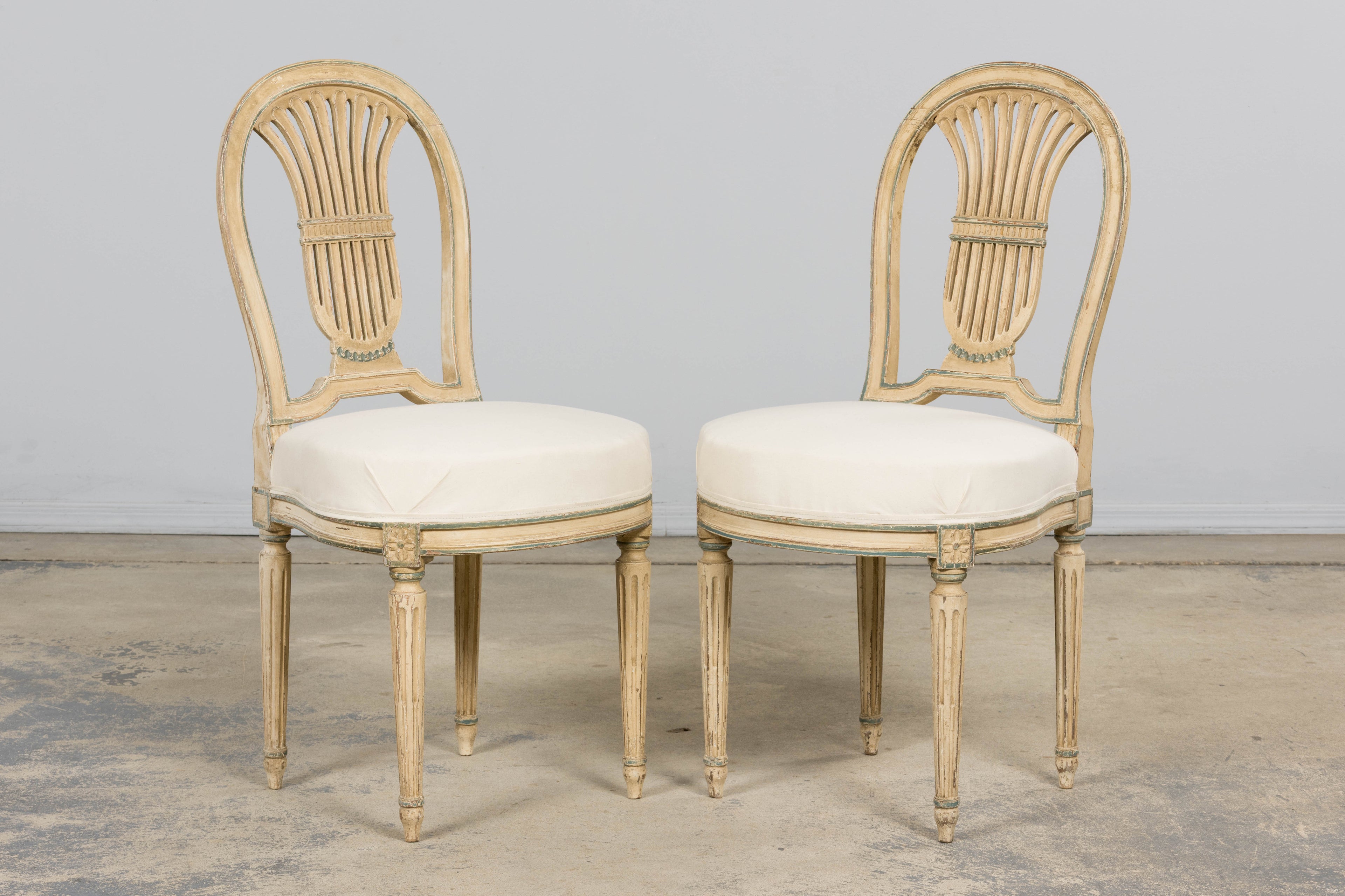 Antique French Louis XVI Style Lyre Back Painted Dining Chairs - Set of 6