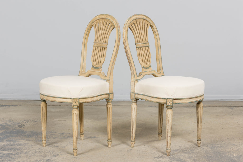 Antique French Louis XVI Style Lyre Back Painted Dining Chairs - Set of 6