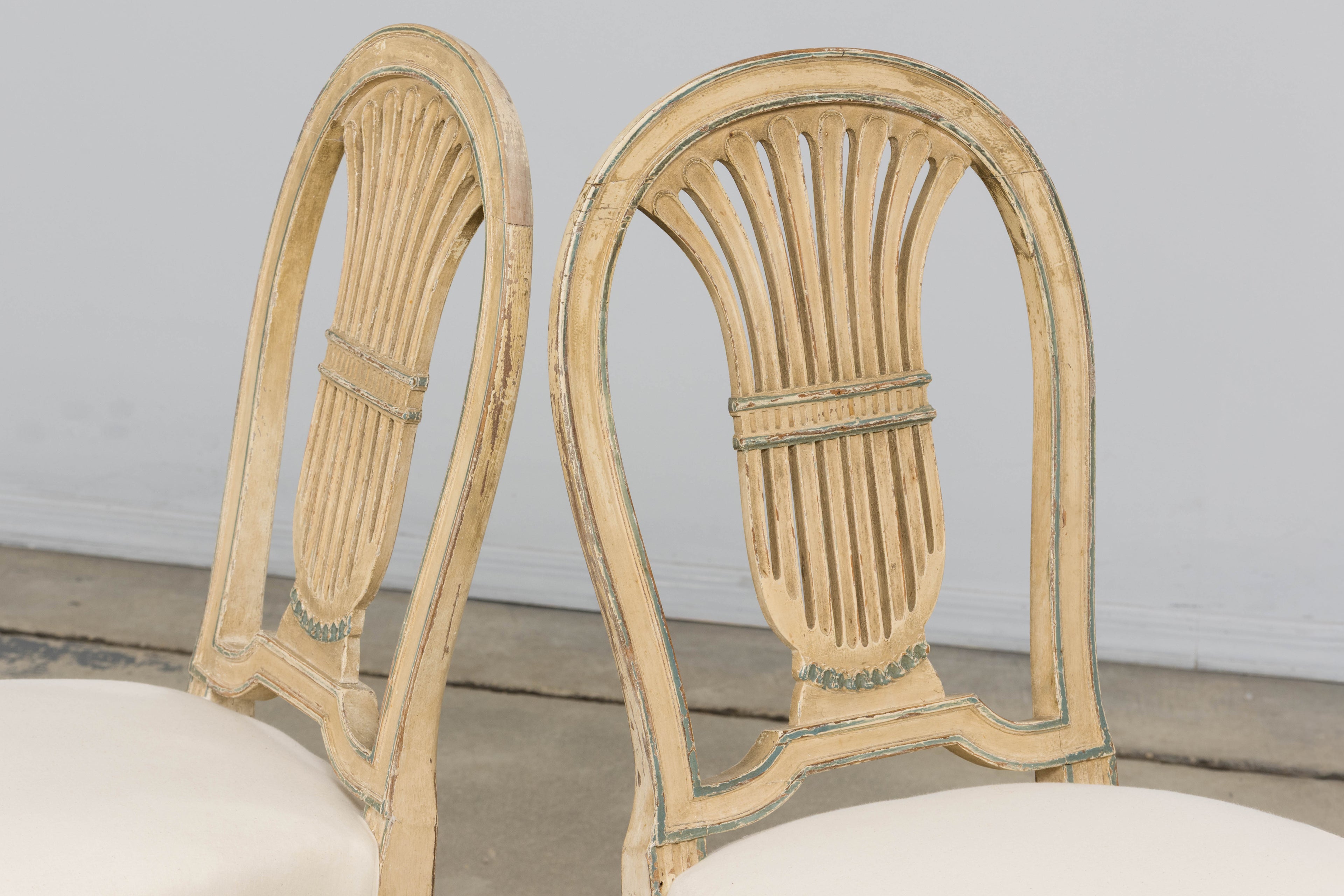 Antique French Louis XVI Style Lyre Back Painted Dining Chairs - Set of 6