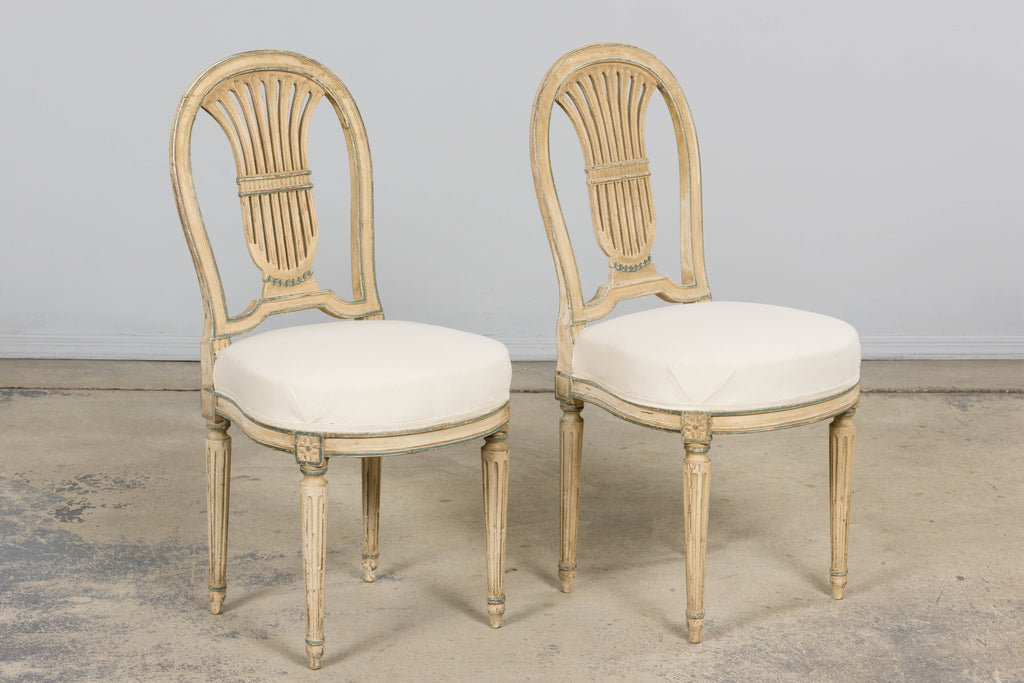 Antique French Louis XVI Style Lyre Back Painted Dining Chairs - Set of 6