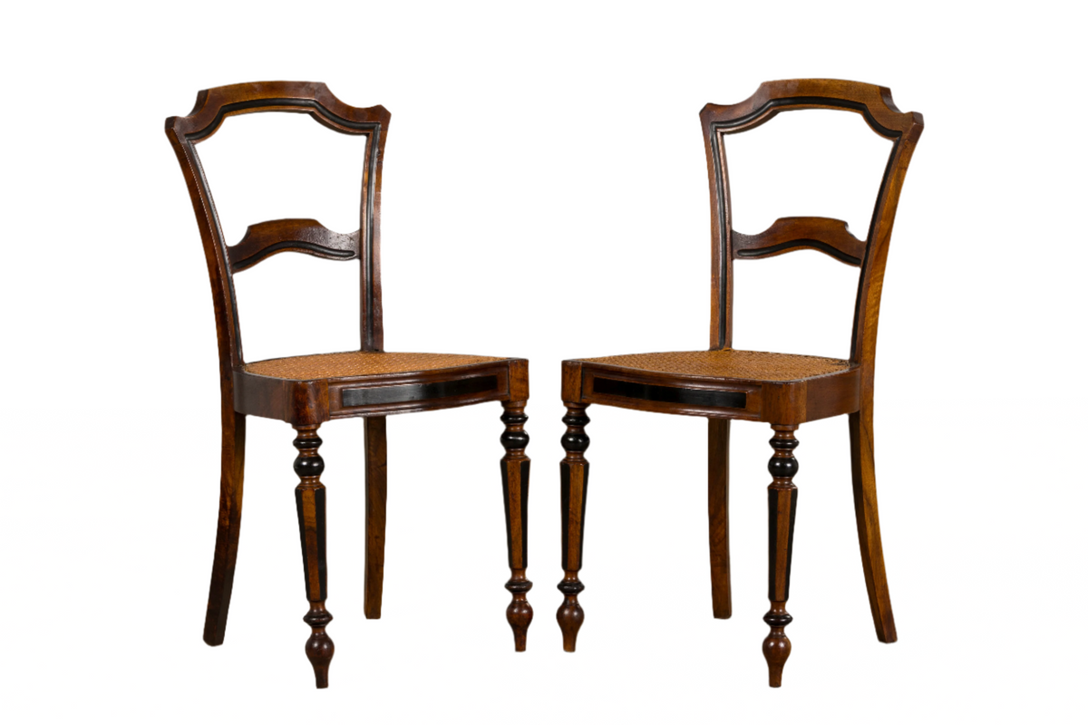 19th Century French Napoleon III Walnut Side Chairs W/ Cane Seats - A Pair