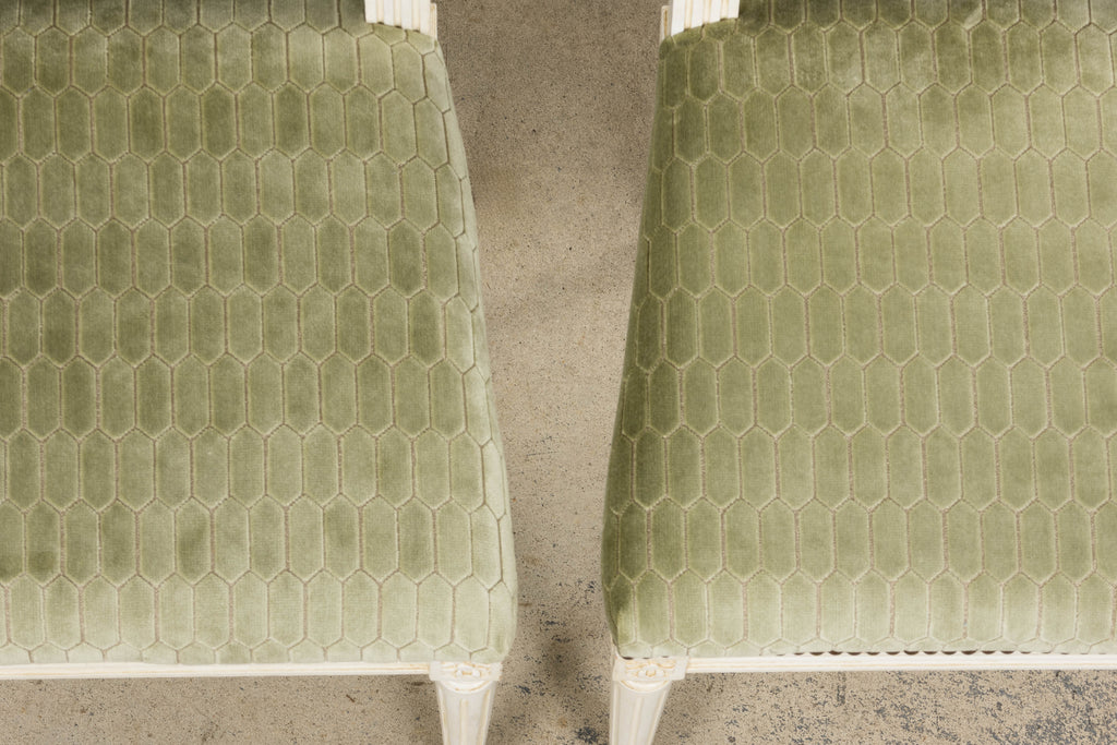 Antique French Louis XVI Style Painted Side Chairs W/ Green Geometric Velvet  – A Pair