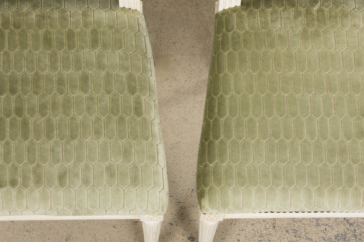 Antique French Louis XVI Style Painted Side Chairs W/ Green Geometric Velvet  – A Pair