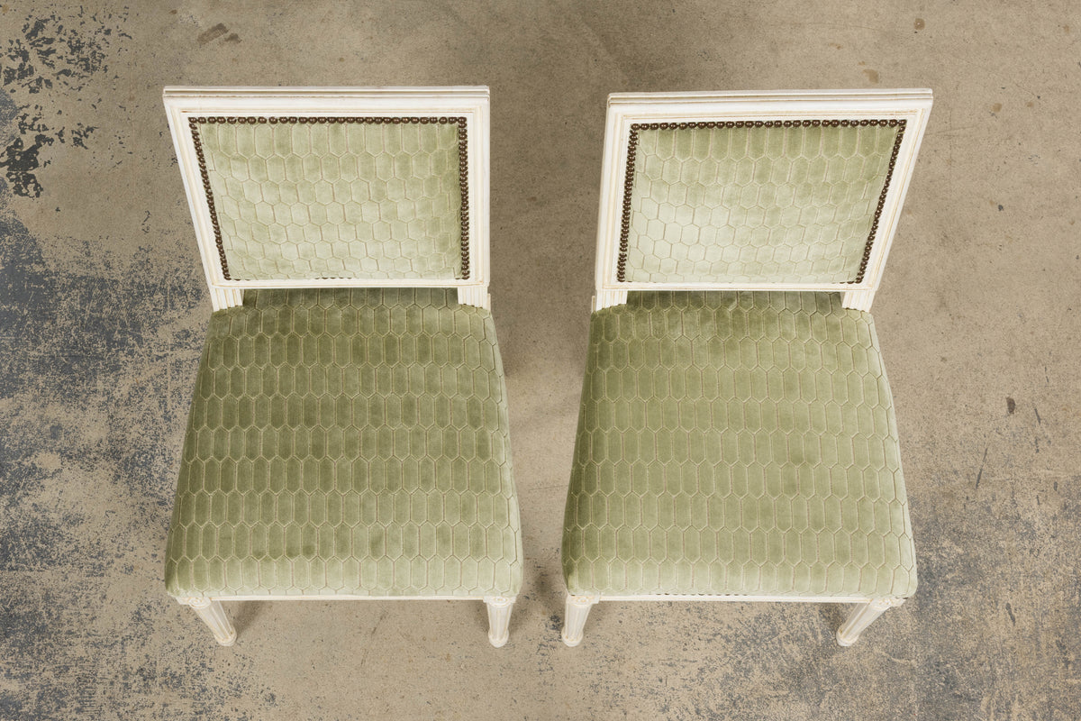 Antique French Louis XVI Style Painted Side Chairs W/ Green Geometric Velvet  – A Pair
