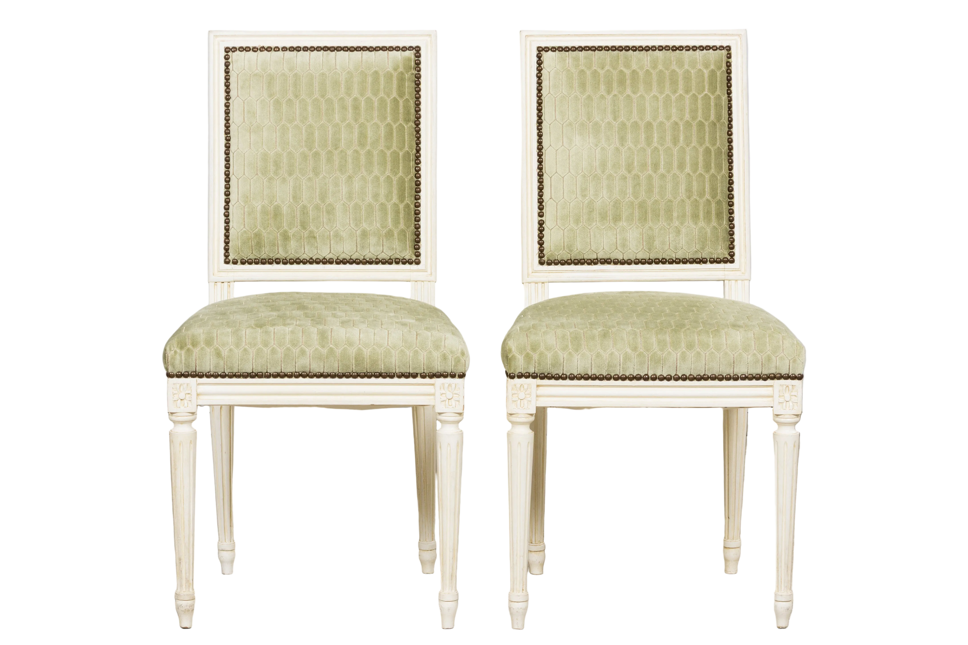 Antique French Louis XVI Style Painted Side Chairs W/ Green Geometric Velvet  – A Pair