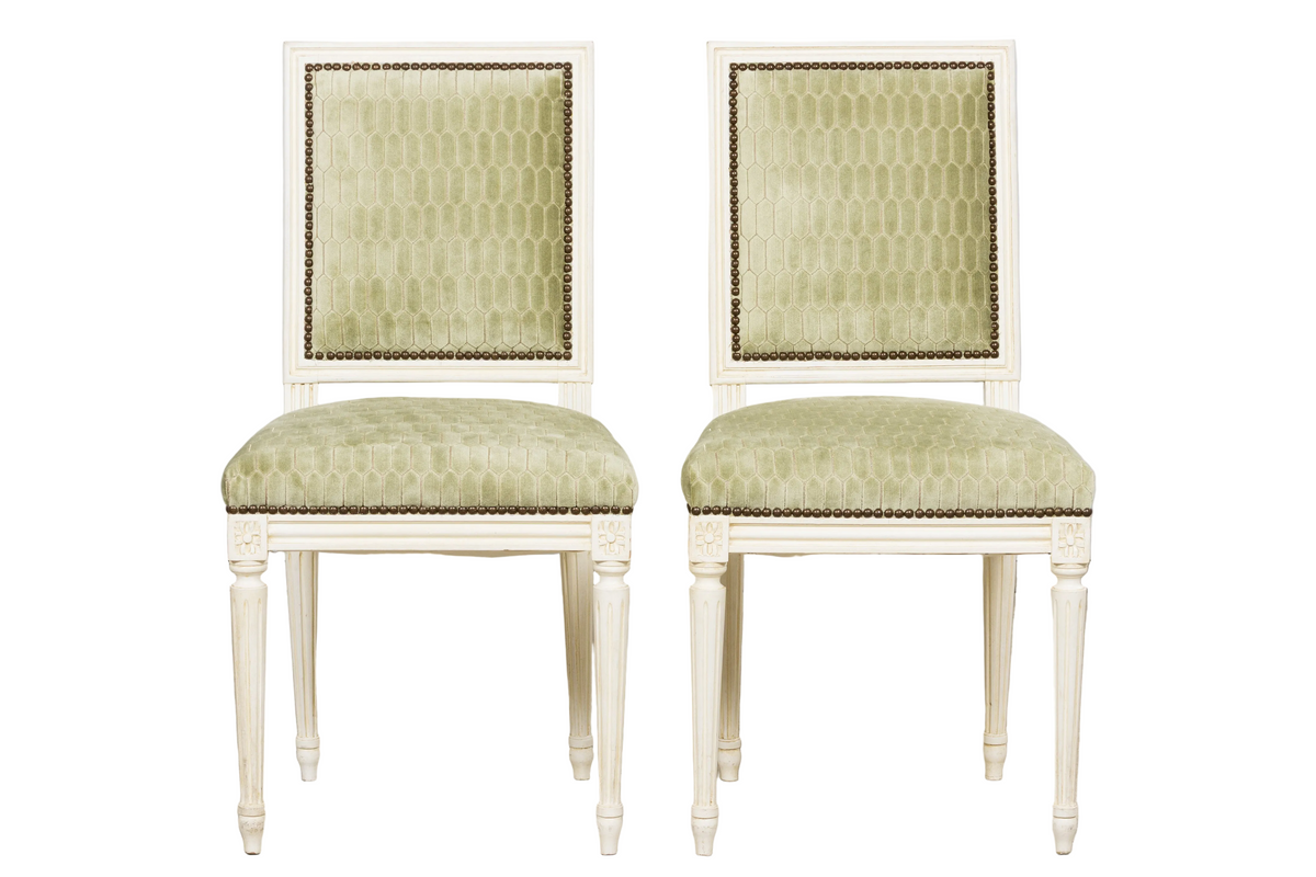 Antique French Louis XVI Style Painted Side Chairs W/ Green Geometric Velvet  – A Pair