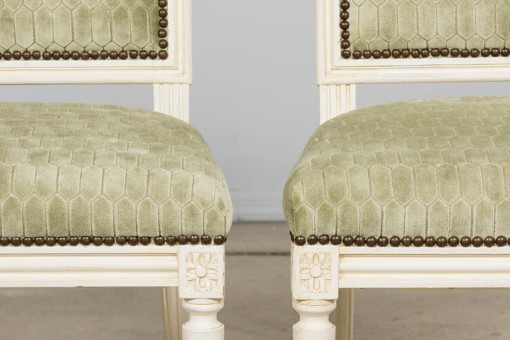 Antique French Louis XVI Style Painted Side Chairs W/ Green Geometric Velvet  – A Pair