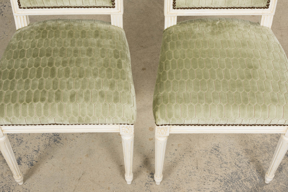 Antique French Louis XVI Style Painted Side Chairs W/ Green Geometric Velvet  – A Pair