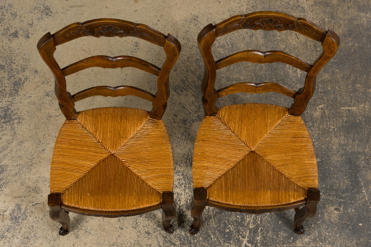 French Louis XV Style Provincial Maple Side Chairs W/ Rush Seats - A Pair