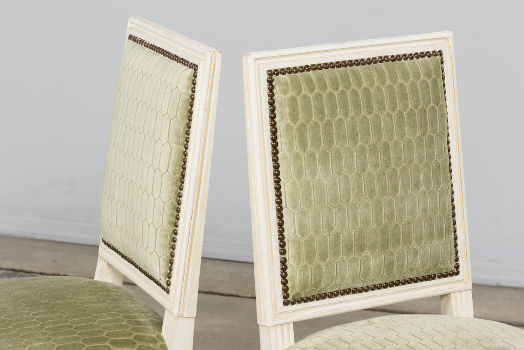 Antique French Louis XVI Style Painted Side Chairs W/ Green Geometric Velvet  – A Pair