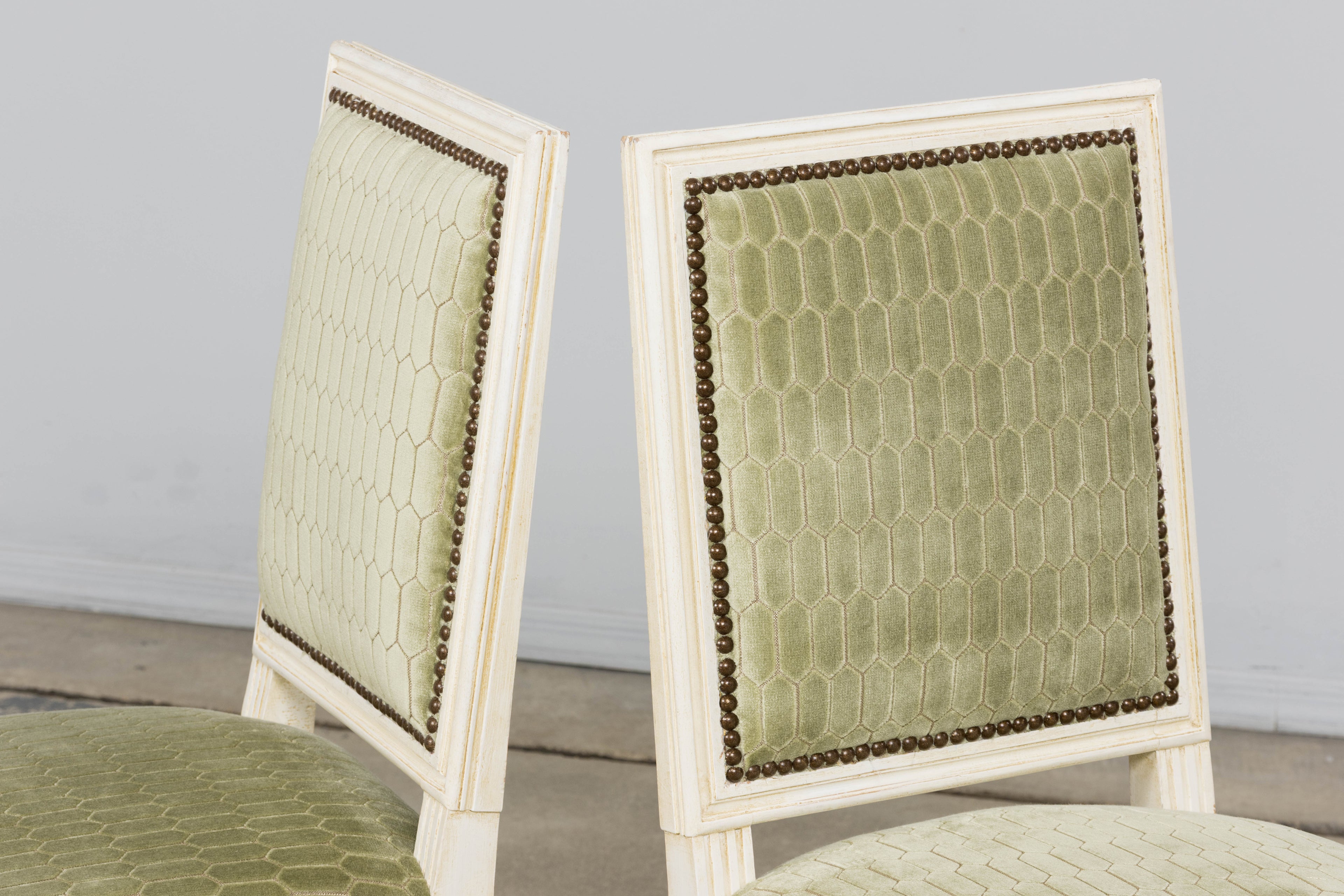Antique French Louis XVI Style Painted Side Chairs W/ Green Geometric Velvet  – A Pair