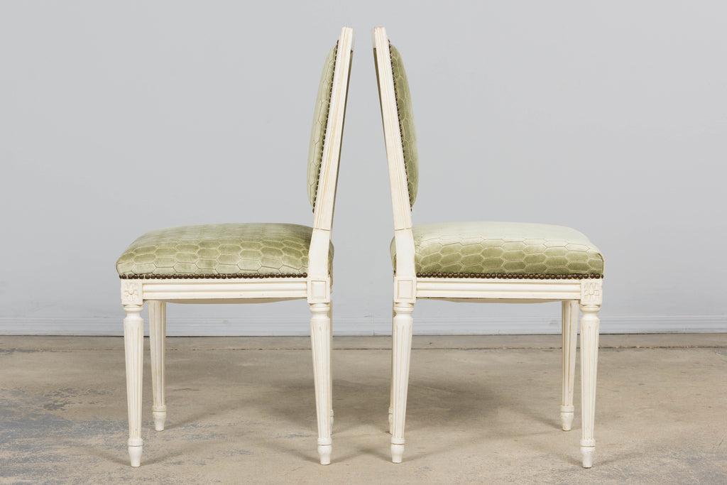 Antique French Louis XVI Style Painted Side Chairs W/ Green Geometric Velvet  – A Pair
