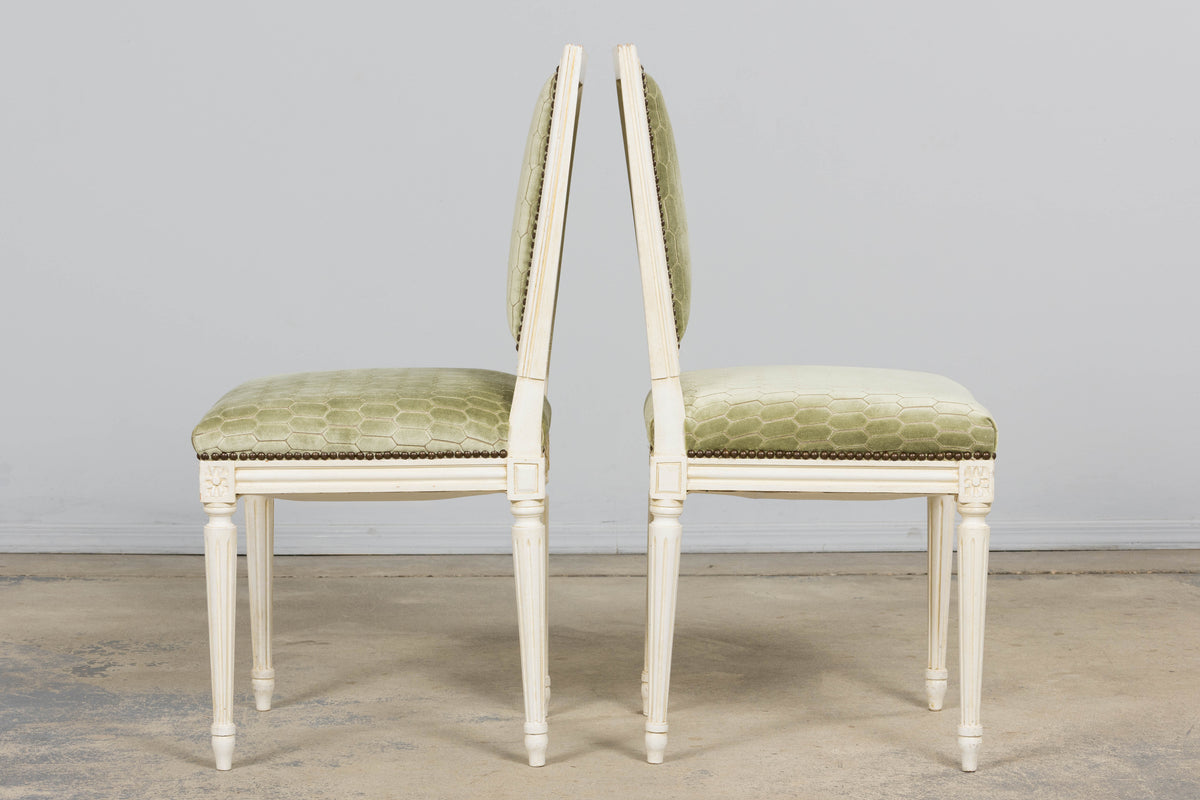Antique French Louis XVI Style Painted Side Chairs W/ Green Geometric Velvet  – A Pair