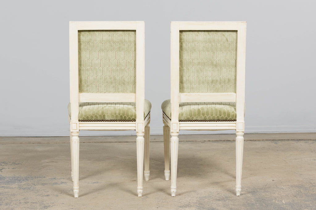 Antique French Louis XVI Style Painted Side Chairs W/ Green Geometric Velvet  – A Pair