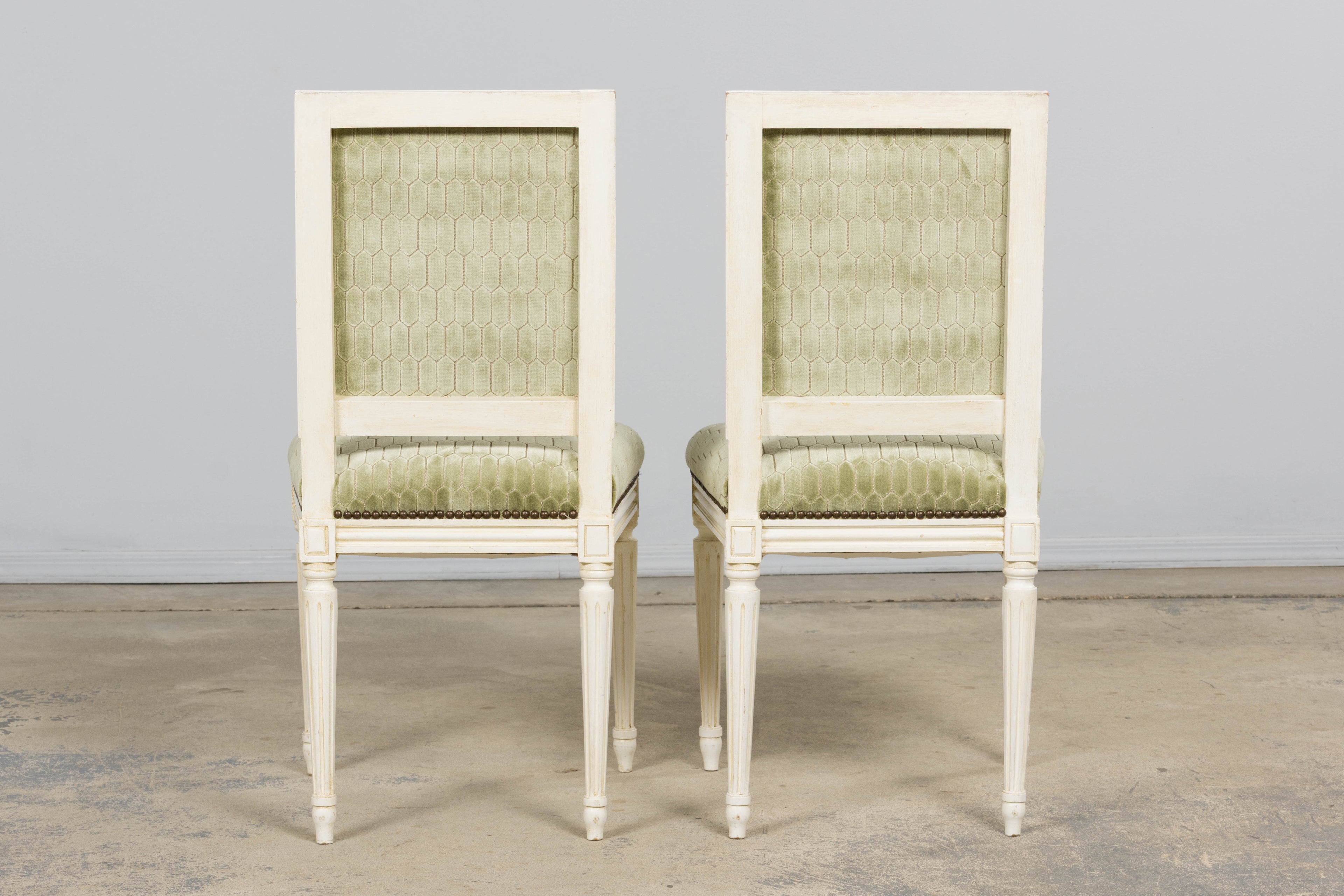 Antique French Louis XVI Style Painted Side Chairs W/ Green Geometric Velvet  – A Pair