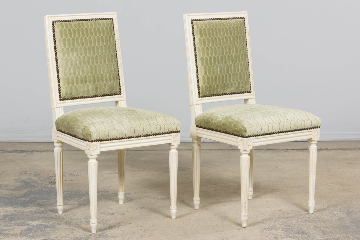 Antique French Louis XVI Style Painted Side Chairs W/ Green Geometric Velvet  – A Pair
