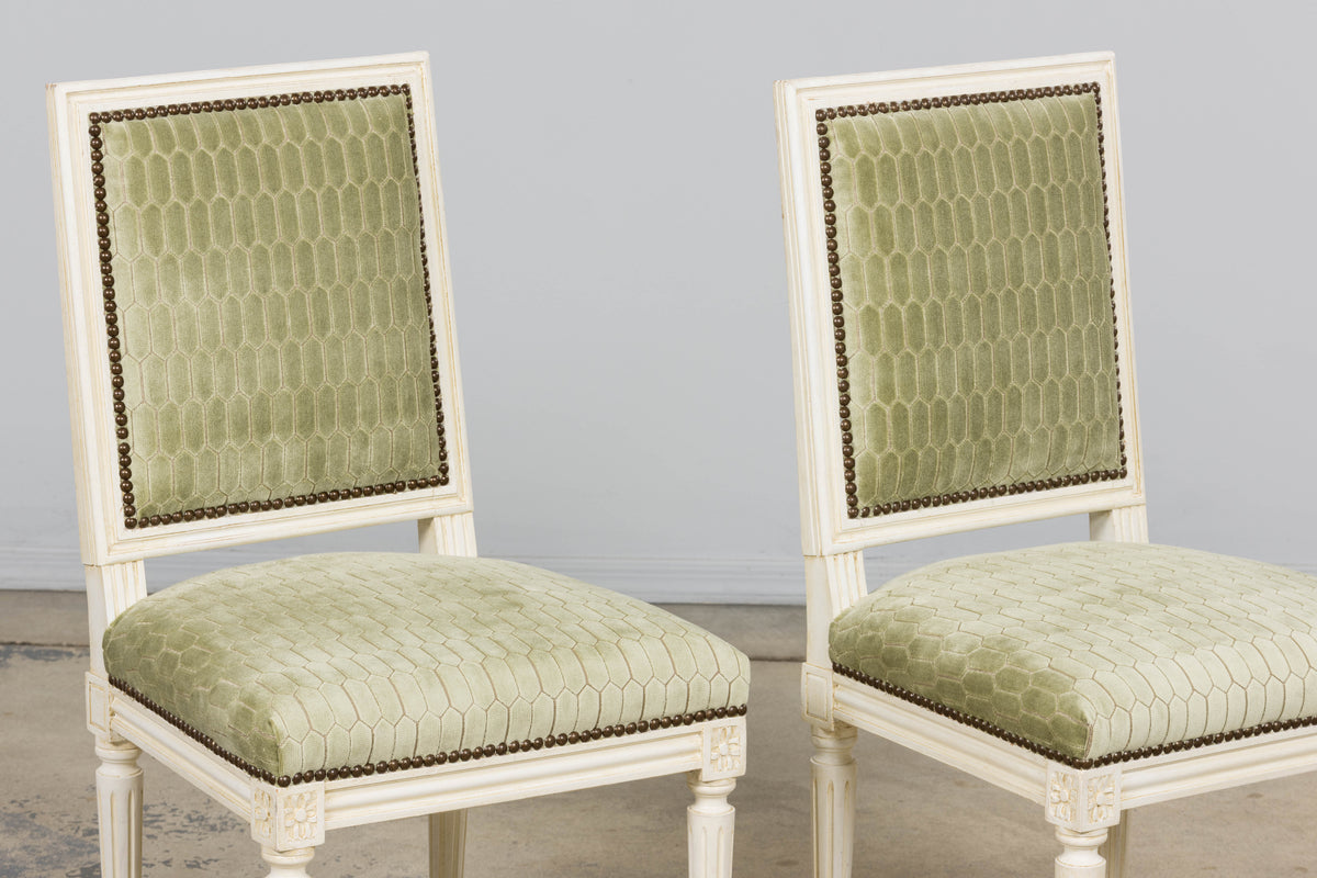 Antique French Louis XVI Style Painted Side Chairs W/ Green Geometric Velvet  – A Pair