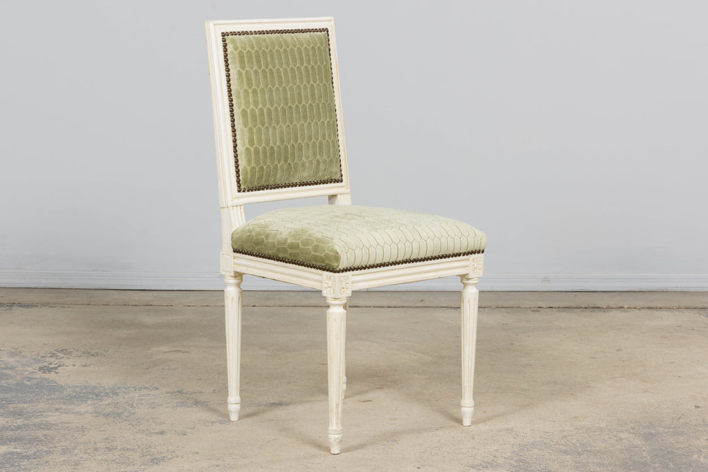 Antique French Louis XVI Style Painted Side Chairs W/ Green Geometric Velvet  – A Pair