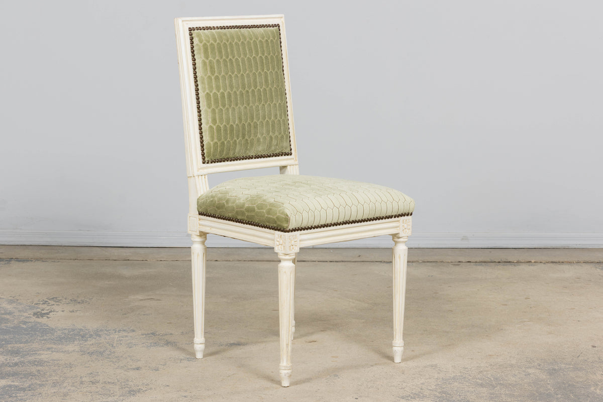 Antique French Louis XVI Style Painted Side Chairs W/ Green Geometric Velvet  – A Pair
