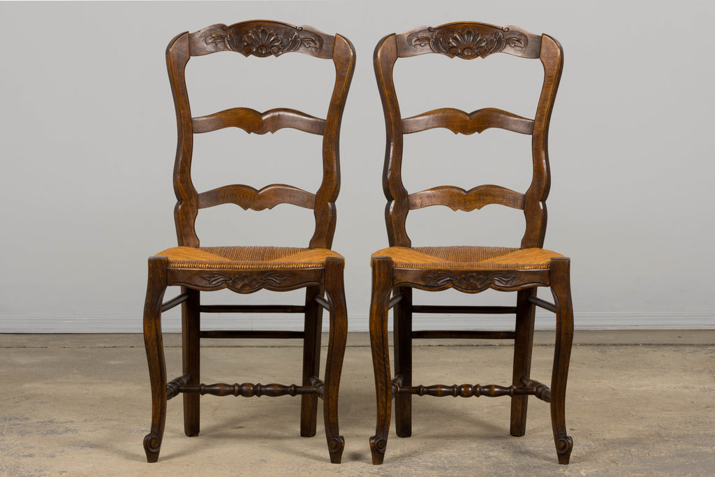 French Louis XV Style Provincial Maple Side Chairs W/ Rush Seats - A Pair
