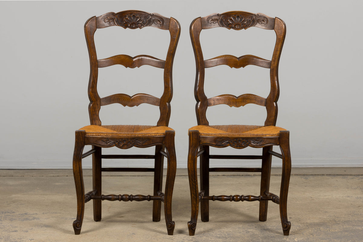 French Louis XV Style Provincial Maple Side Chairs W/ Rush Seats - A Pair