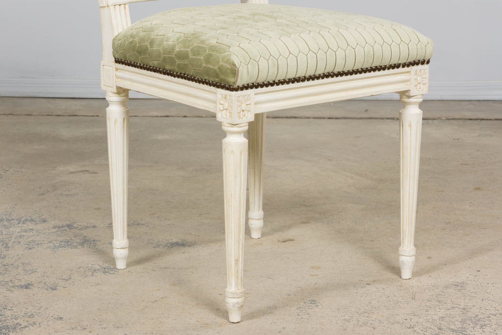 Antique French Louis XVI Style Painted Side Chairs W/ Green Geometric Velvet  – A Pair