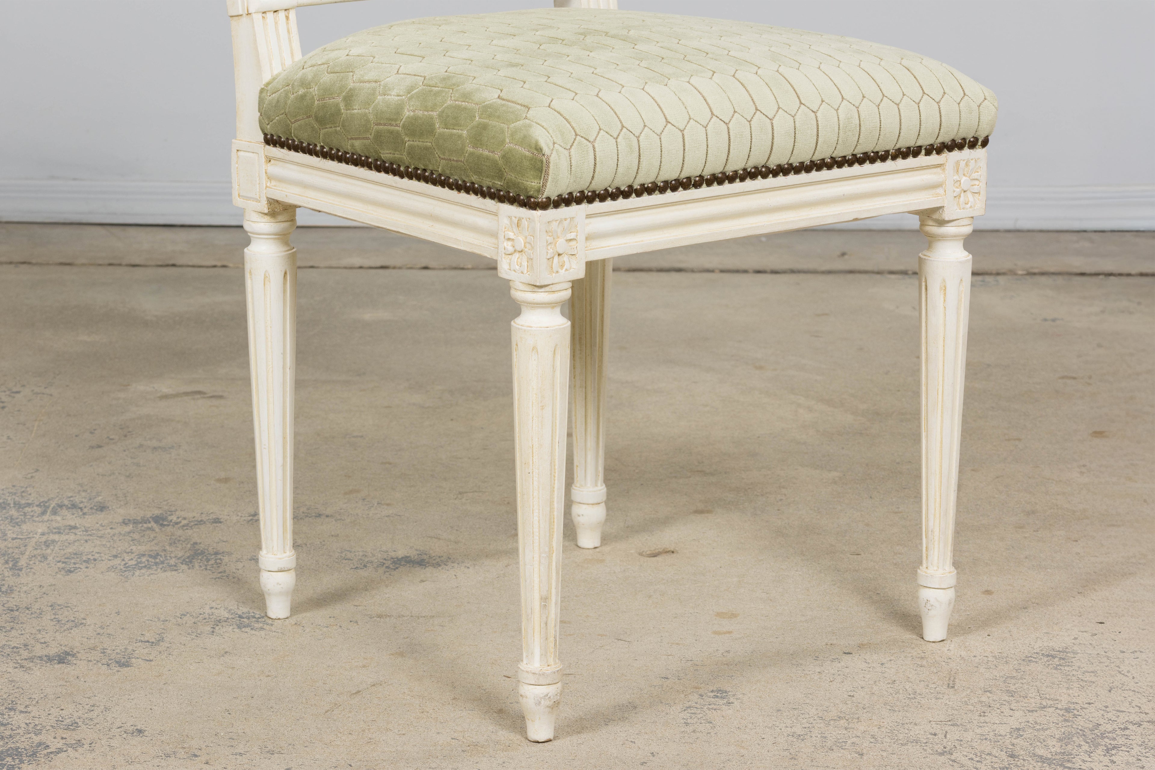 Antique French Louis XVI Style Painted Side Chairs W/ Green Geometric Velvet  – A Pair