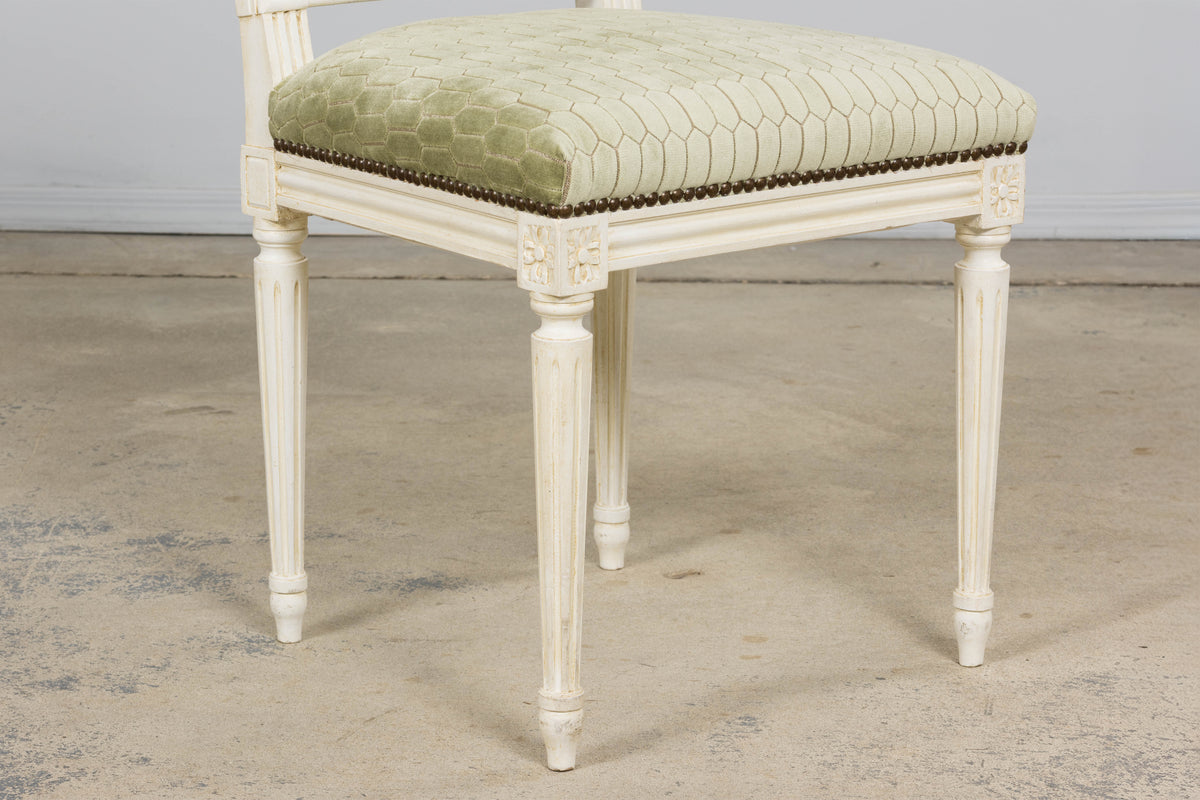Antique French Louis XVI Style Painted Side Chairs W/ Green Geometric Velvet  – A Pair