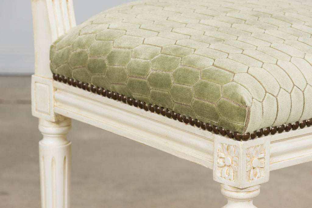 Antique French Louis XVI Style Painted Side Chairs W/ Green Geometric Velvet  – A Pair