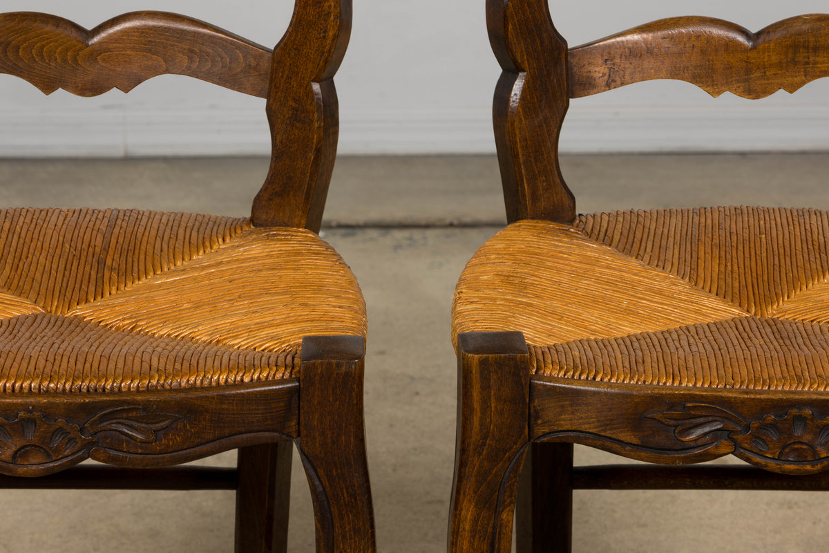 French Louis XV Style Provincial Maple Side Chairs W/ Rush Seats - A Pair