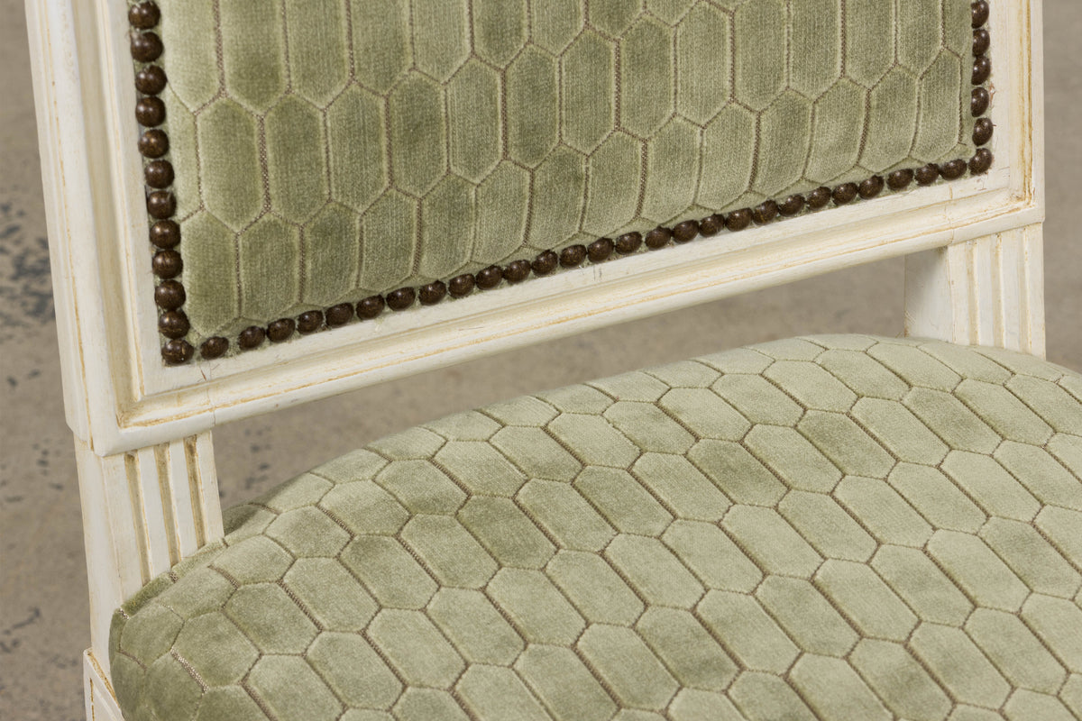 Antique French Louis XVI Style Painted Side Chairs W/ Green Geometric Velvet  – A Pair