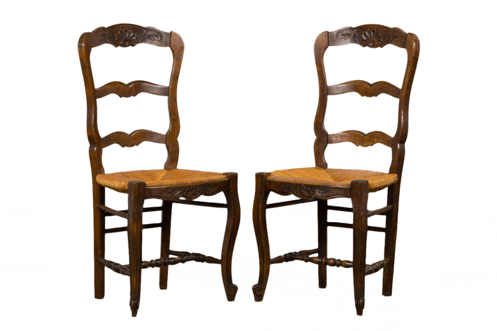 French Louis XV Style Provincial Maple Side Chairs W/ Rush Seats - A Pair