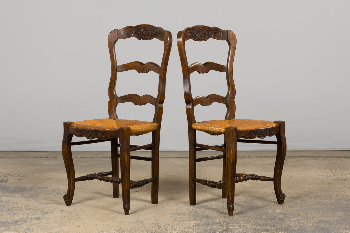 French Louis XV Style Provincial Maple Side Chairs W/ Rush Seats - A Pair