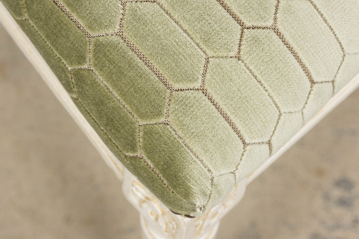 Antique French Louis XVI Style Painted Side Chairs W/ Green Geometric Velvet  – A Pair