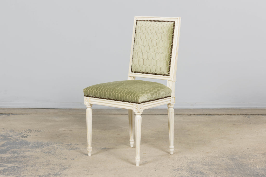 Antique French Louis XVI Style Painted Side Chairs W/ Green Geometric Velvet  – A Pair