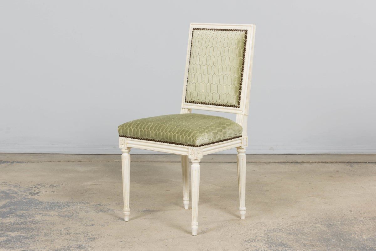 Antique French Louis XVI Style Painted Side Chairs W/ Green Geometric Velvet  – A Pair